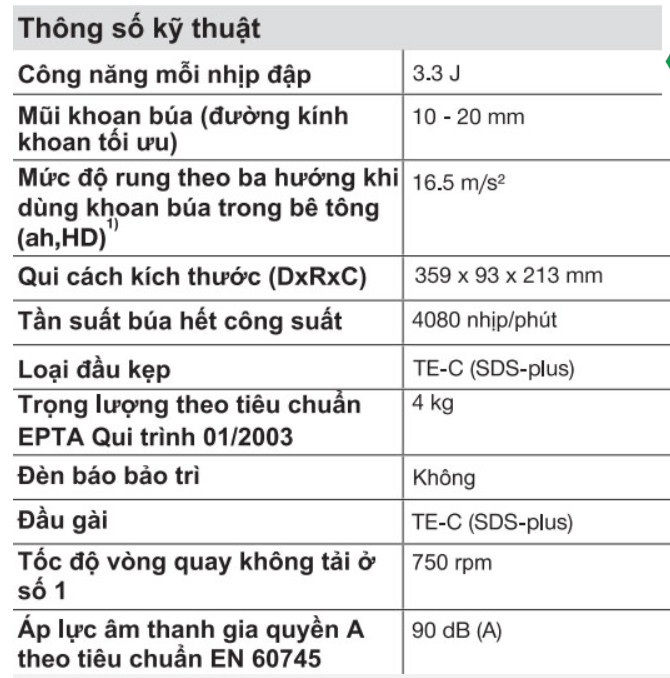 Thông số kỹ thuật máy Hilti TE 30 